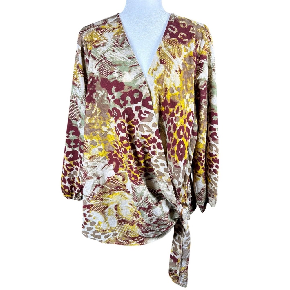 Unique Spectrum Animal Print Wrap Blouse 3X Burgundy Yellow Snakeskin Leopard